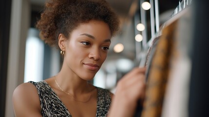 A fashion stylist livestreaming a closet makeover, pulling outfits from racks while viewers request combinations and ask questions about fabric and fit — digital styling session, virtual fashion