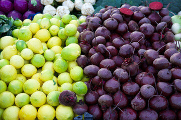 Close-up of a pile of lemons and radishes for sale at a Turkish market.