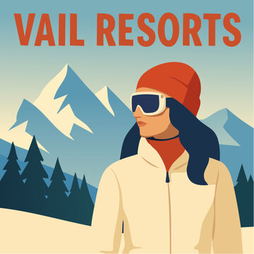 vail gaze and alpine gear: stylized winter figure with red beanie and snowy peaks