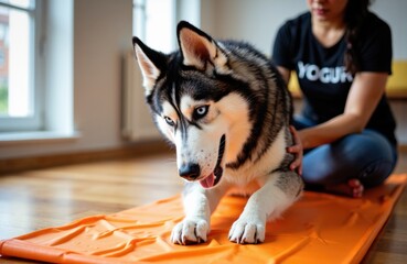 Siberian husky balances on an orange mat during indoor training session
