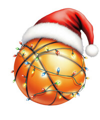Basketball wearing santa hat and wrapped in colorful festive christmas lights, isolated on white background, celebrating holidays isolated on transparent background