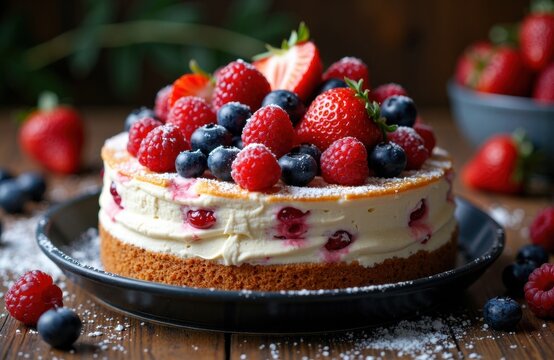 Berry topped sponge cake with cream layers and powdered sugar on plate