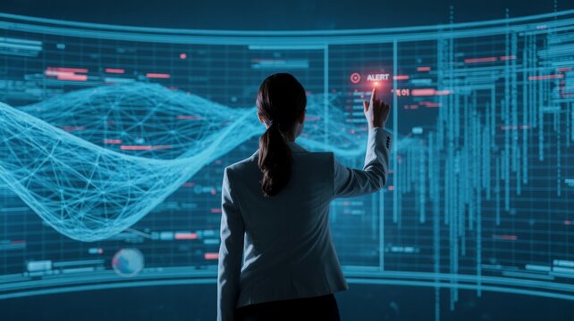 Businesswoman pointing at red alert on futuristic digital screen
