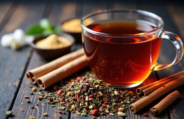 Masala chai in a glass cup with cinnamon sticks and mixed spices on wood table