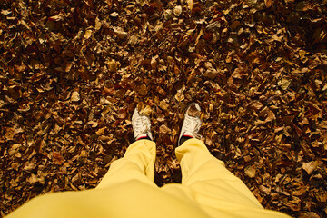 A person in yellow pants walks on a thick layer of colorful autumn leaves
