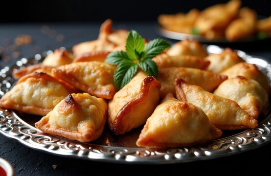Baked empanadas arranged on a silver platter with fresh mint garnish in warm lighting