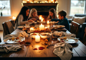 Warm Family Day After Holiday Lunch, Kids Enjoying Game Night for parenting blog illustration, hospitality advertisement, lifestyle website banner, seasonal storytelling campaign