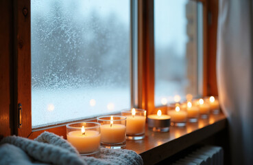 Obraz premium Candles on a frosted window sill cast a warm winter glow in soft light