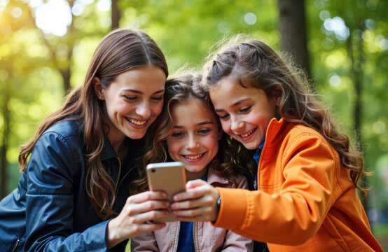 Three friends are looking at a smartphone together in a sunny park this afternoon