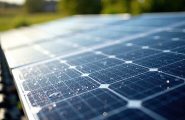 Solar panels soak up bright sunshine across a clean photovoltaic array in fields