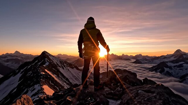 A silhouetted climber stands atop a mountain, ice axe raised at dawn. Clouds blanket the valley below