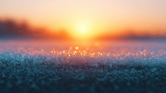 Golden sunrise over frosty grass field with blurred trees