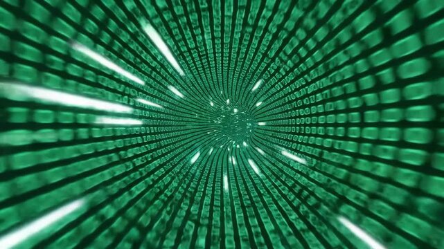 Cinematic 4K Seamless Loop Binary Code Tunnel. Abstract Digital Data Stream Communication Network Background.