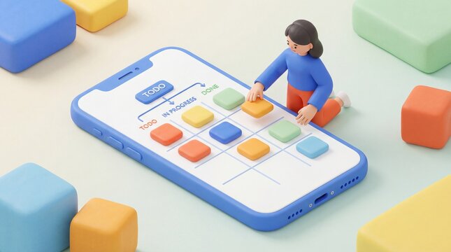 3D illustration of a woman organizing tasks on a smartphone screen using a kanban board method. Perfect for productivity apps, project management, and workflow concepts. - Powered by Adobe