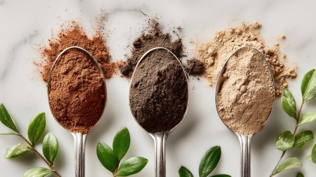 Colorful spices in spoons on marble