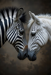 Obraz premium beautiful fine art double portrait of zebra against grey background. Digital artwork. Ai generated