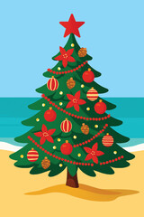Christmas Fir Tree on Sandy Beach – Tropical New Year Celebration Vector