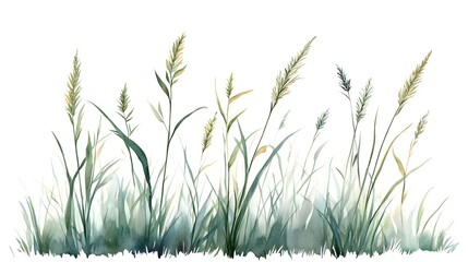 Watercolor depiction showcases a border of tall, wild grasses with feathery seed heads against a stark white background