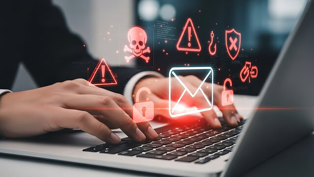 Business professional receiving email security alert on laptop, cybersecurity warning and phishing risk - Powered by Adobe
