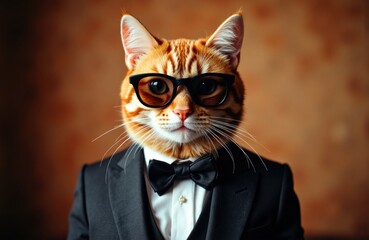 Cat wearing a tuxedo and glasses exudes dapper humor and charm with sophistication