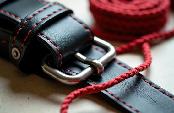 Leather belt with red stitching and buckle details resting on a light surface