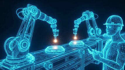 Digital wireframe visualization of a factory worker in a hard hat overseeing two robotic arms performing welding or assembly tasks on a conveyor belt in a futuristic industrial setting - Powered by Adobe