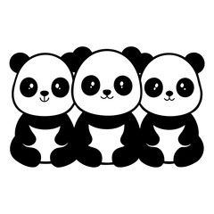 Fototapeta premium Three adorable cartoon pandas sitting together in a row