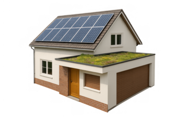 Modern house building featuring solar panels on the roof and a green roof promoting sustainable living and energy