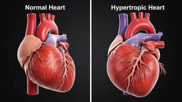 Visual comparison A normal human heart versus a hypertrophic heart, revealing differences in size and structure