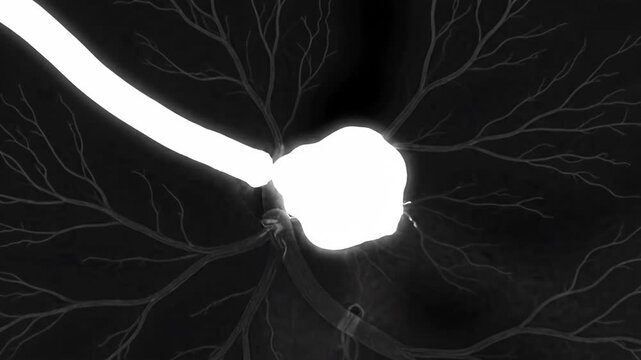 A stylized black and white illustration resembling a biological structure with radiating elements and a bright center