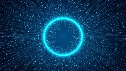 Abstract digital background with a glowing blue neon circle in the center, surrounded by streams of binary code or data particles moving rapidly - Powered by Adobe