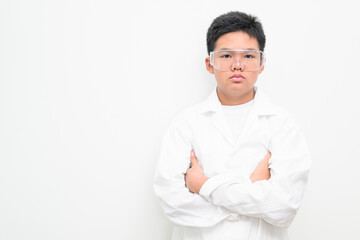 Young Asian Boy Dressed as Scientist with Lab Coat Arms Crossed