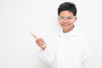 Young Asian Boy Dressed as Scientist with Lab Coat Pointing Finger