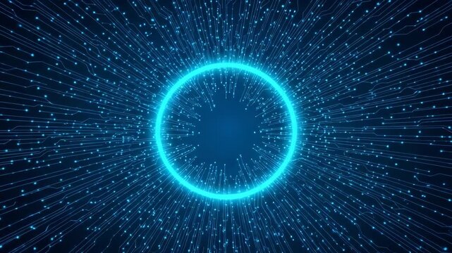 Abstract digital background with a glowing blue neon circle in the center, surrounded by streams of binary code or data particles moving rapidly - Powered by Adobe