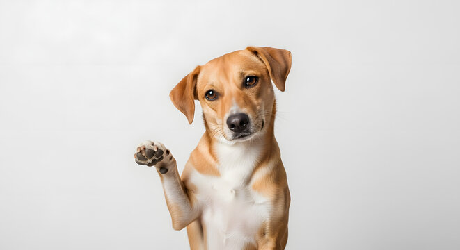 Dog making a confused head tilt while holding one paw up, minimal background, adorable comic moment.