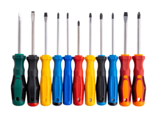 Top-Down View of Multiple Screwdrivers Arranged in a Row, Isolated