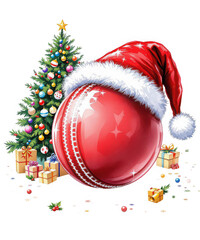Festive cricket ball wearing santa hat, surrounded by decorated christmas tree, gifts, and holiday ornaments, celebrating winter sport isolated on transparent background
