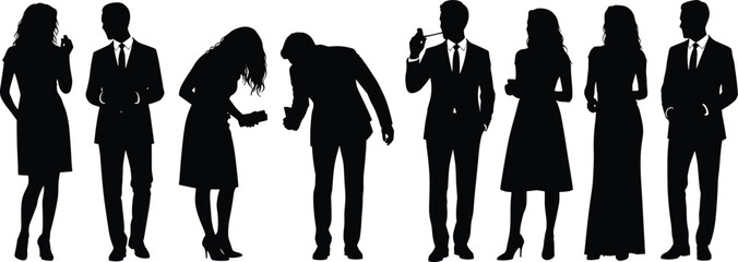 Elegant group of business professionals in silhouette posing together, formal attire, corporate teamwork concept, stylish standing figures for creative design projects