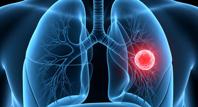 An illustration of a pair of lungs, with a red tumor in the right lung. It could represent lung cancer, a health concern often detected through medical imaging.