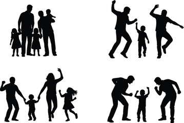 Silhouette families dancing, playing, and bonding together in joyful parent-child activities, perfect for happiness, celebration, lifestyle, family moments and illustration projects