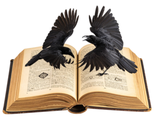 Two Ravens Facing Each Other on Open Antique Book, Top-Down Angle, Transparent Background
