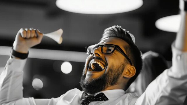 A man with glasses and a beard is smiling and holding a tambourine