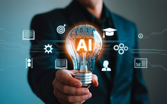 Business professional holding glowing AI light bulb with graduation cap icon symbolizing smart education digital learning and eearning innovation
