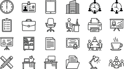 Office and Business Management Icons Set, Workplace, Job, Meeting, Desk, Administration, and Corporate Line Symbols for Resume and Career.