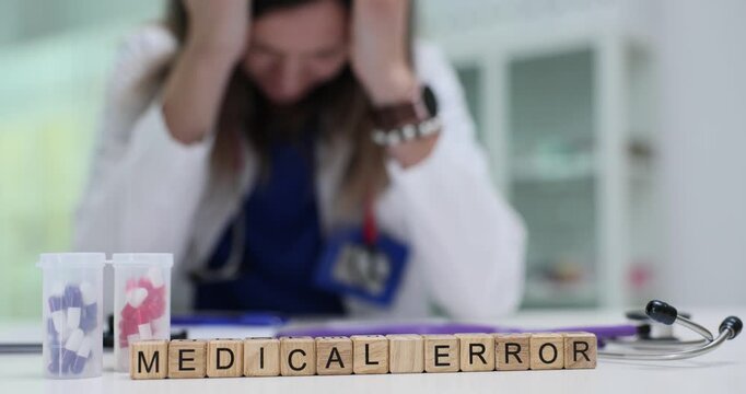 Miniature wooden cubes form phrase Medical Error. Distressed woman doctor sits at desk and hands clutch temples in frustration after appointment