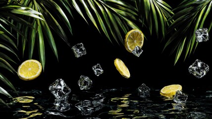 Ice, lemon, and water splash with tropical leaves. Artificial intelligence image