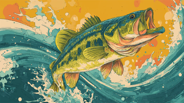 Bass fish jumping out of the water illustration with splash art