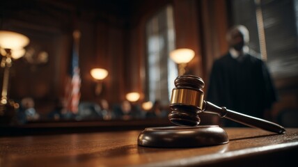 Gavel and judge in dimly lit courtroom. Artificial intelligence image