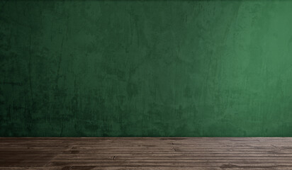 Empty Industrial Loft Room Interior Background Template. Rough Green Concrete Cement Wall Texture Backdrop. Vintage Weathered Wood Floor Planks. Urban Modern Design Blank Copy Space Banner Concept.