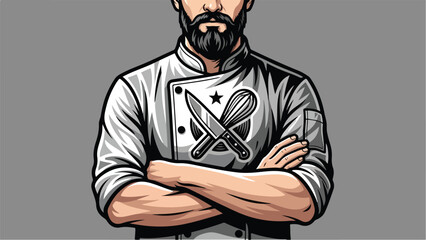 Professional Chef with Crossed Arms and Kitchen Utensils Emblem.